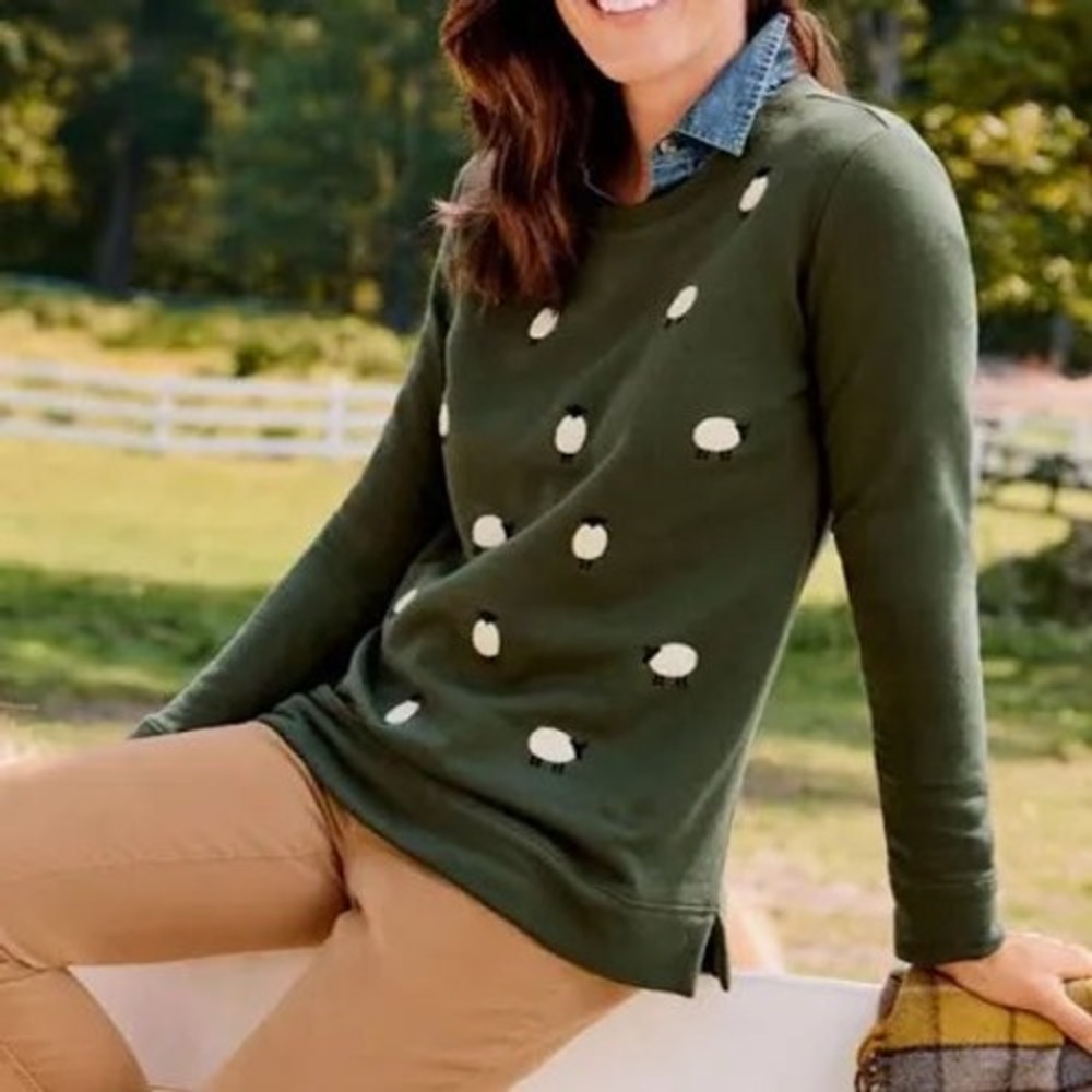 Talbots Sweatshirt Green  Embroidered Sheep Fleece Fall Novelty Cute  M